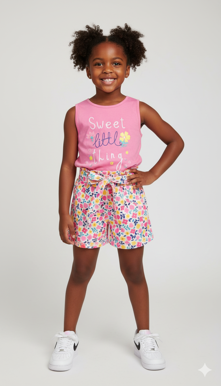Conjunto Verão "Sweet Little Thing" Pink – Regata Rosa e Short-Saia Floral