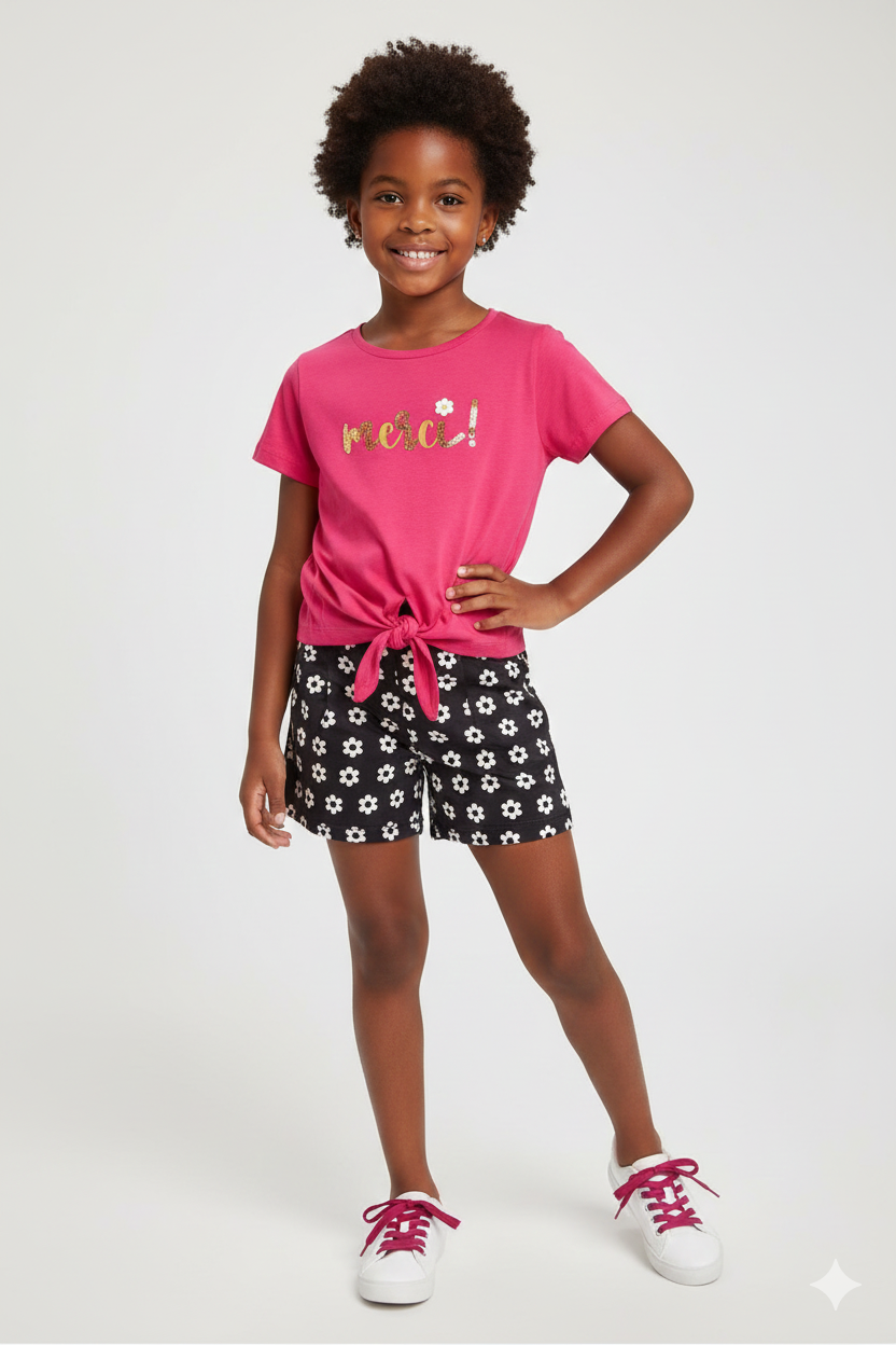 Conjunto Verão "Merci" – Camiseta Pink com Nozinho e Short de Margaridas