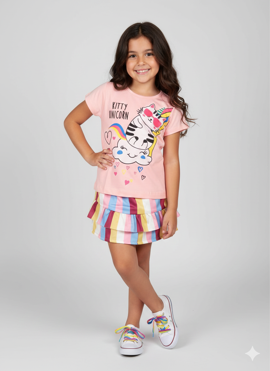 Conjunto Infantil Menina "Kitty Unicorn" - Camiseta Rosa e Shorts Saia Listrado