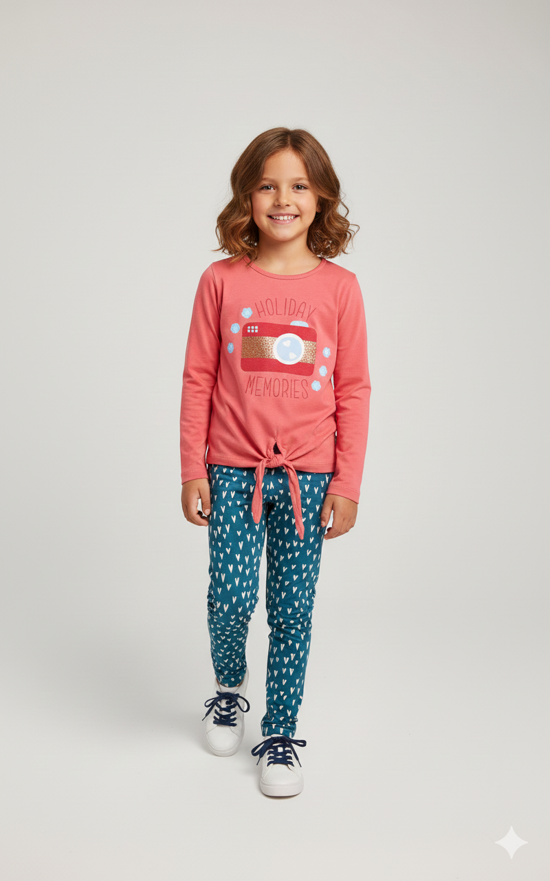Conjunto Infantil Feminino "Holiday Memories" – Blusa Manga Longa e Calça Skinny Estampada