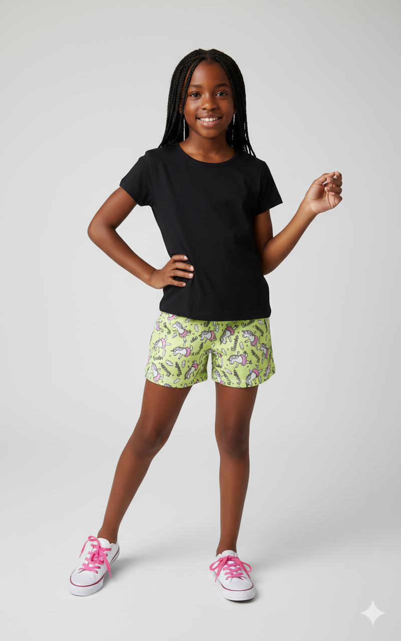 Conjunto Infantil Feminino "Unicorn Magic" – Camiseta Preta e Short Neon Estampado