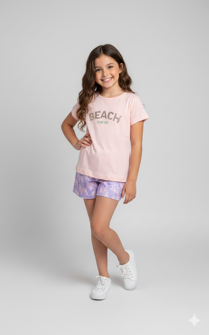 Conjunto Infantil Feminino "Beach Every Day" – Camiseta Rosa e Short Lilás Estampado