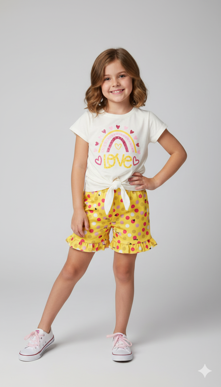 Conjunto Infantil Feminino "Love & Rainbow" – Blusa com Nó e Short de Babados