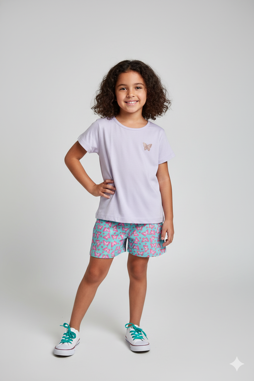 Conjunto Verão "Butterfly Sparkle" – Camiseta Lilás e Short Borboletas
