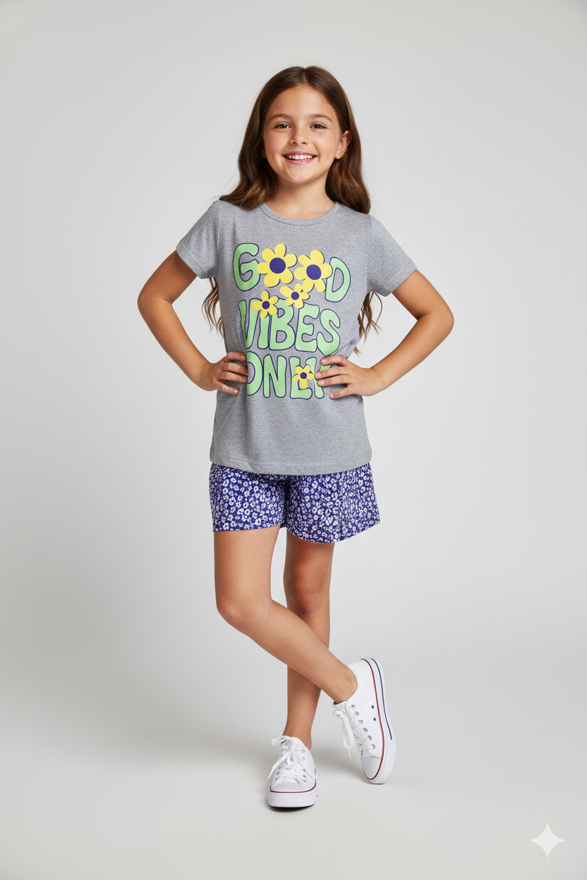 Conjunto Infantil Feminino "Good Vibes Only" – Camiseta Cinza e Short Floral