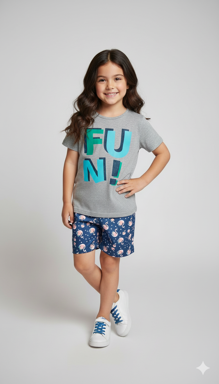 Conjunto Infantil Feminino "FUN!" – Camiseta Cinza e Short de Flamingos