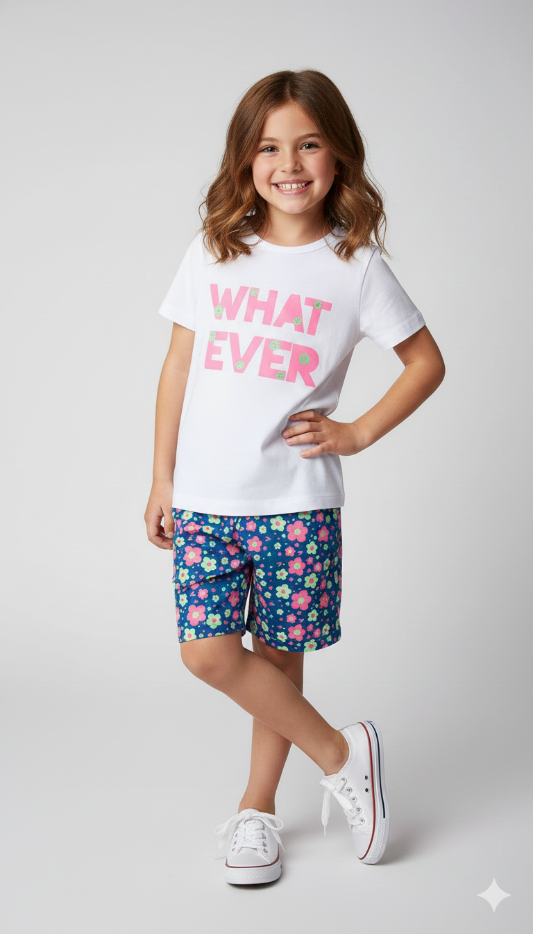 Conjunto Infantil Feminino "Whatever" – Camiseta Branca e Short Floral Colorido