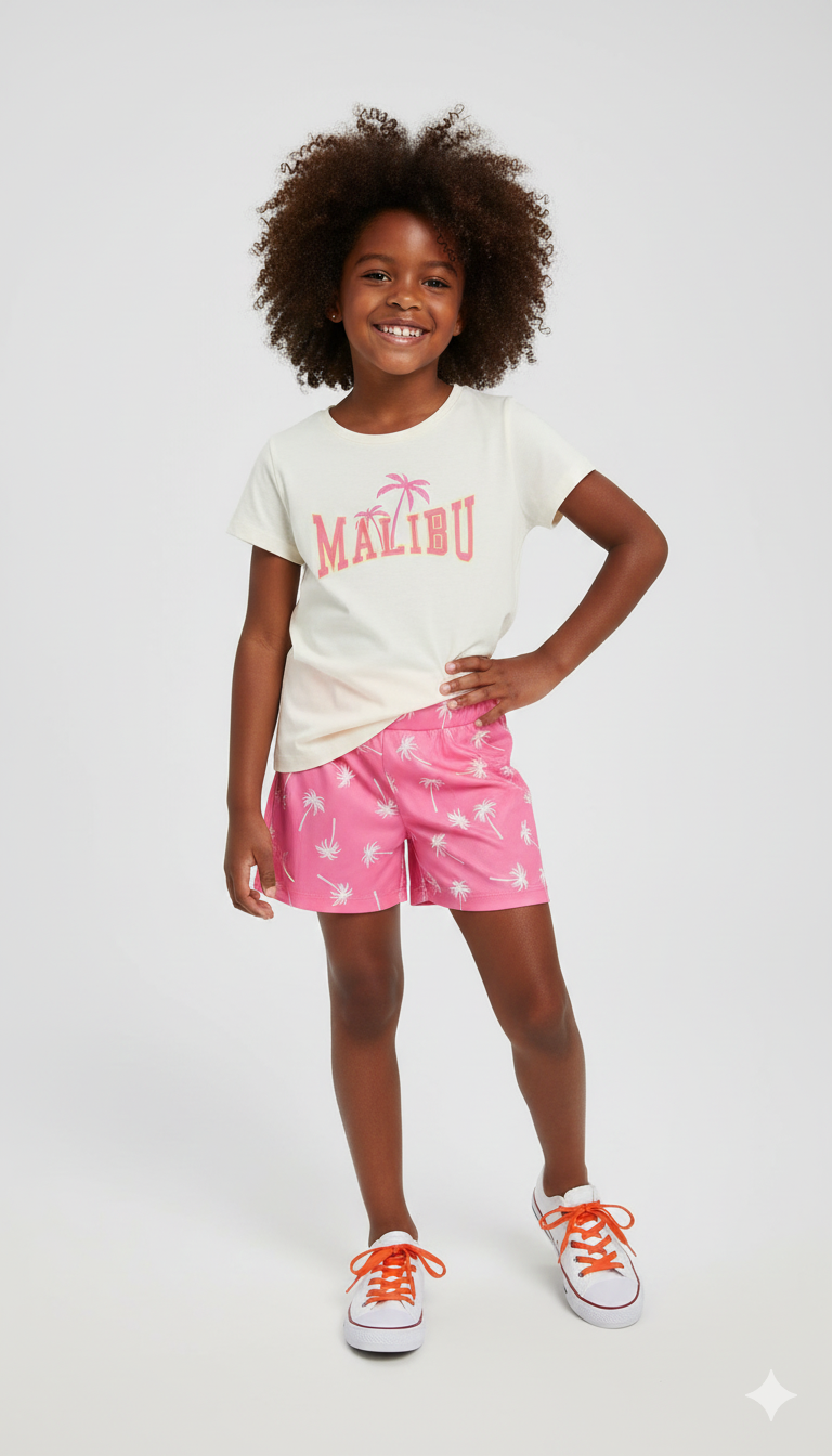Conjunto Infantil Feminino "Malibu Dream" – Camiseta Off-White e Short Rosa Tropical