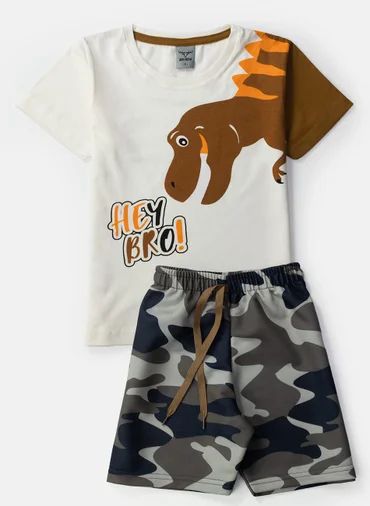 Conjunto Hey Bro! Dinossauro Premium - Camiseta Off-White + Short Camuflado Militar - Qualidade Catálogo